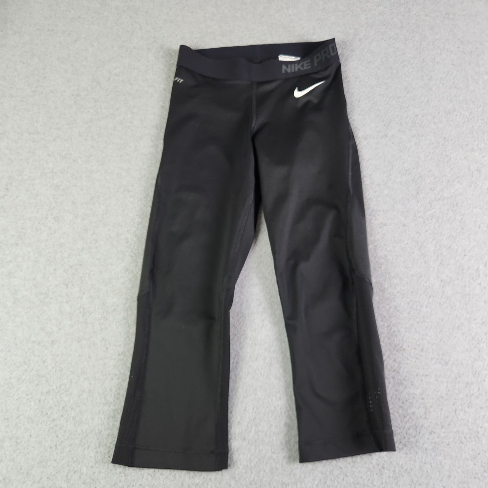 Nike Capri Leggings Womens Small Black Mesh Training Workout Stretch Swoosh Logo